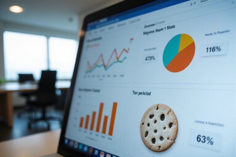 A close-up of a computer screen displaying website analytics graphs, with a cookie icon in the foreground, representing data collection.
