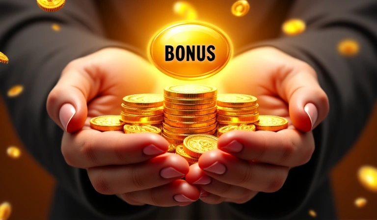 Hands holding virtual currency with a bonus icon