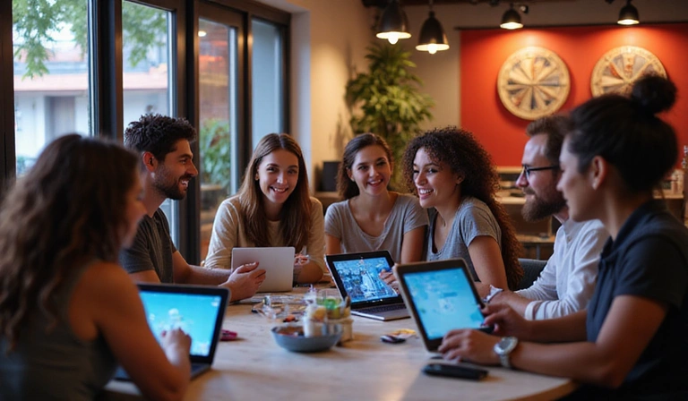 People laughing and playing social games on a computer