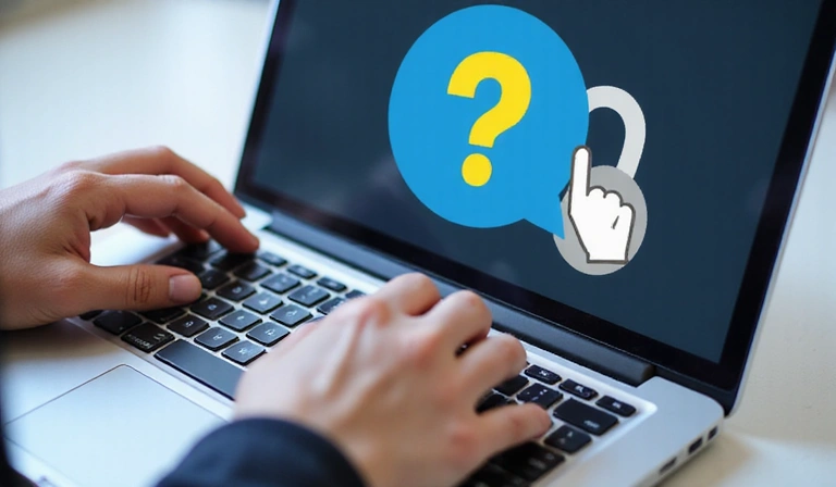 Person troubleshooting a computer with a wrench and question mark icon