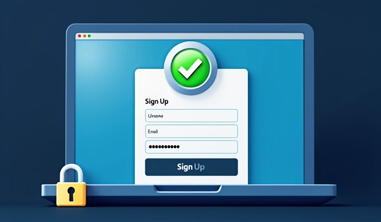 Person signing up on a computer with a secure padlock icon