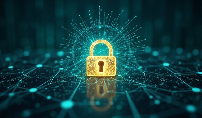 Secure padlock icon with data flowing securely