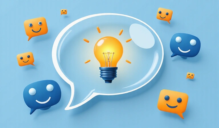Speech bubble with a lightbulb and feedback icon