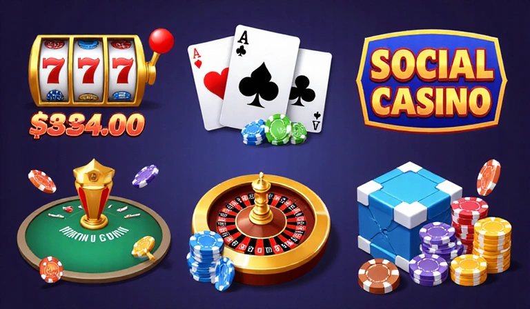 Variety of social casino game icons: slots, poker, blackjack