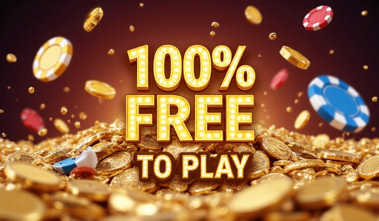 Virtual coins and chips floating with a 'Free to Play' banner