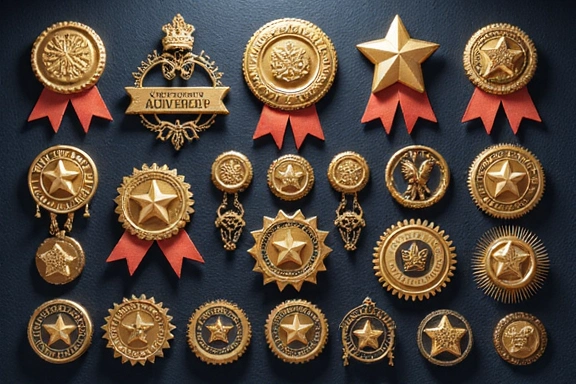 Illustration of a collection of shiny achievement badges