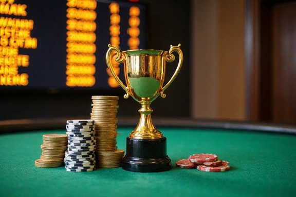 Illustration of a trophy with virtual coins and a leaderboard on a casino table
