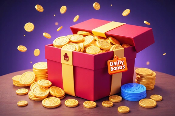 Illustration of a gift box with coins and a 'daily bonus' tag