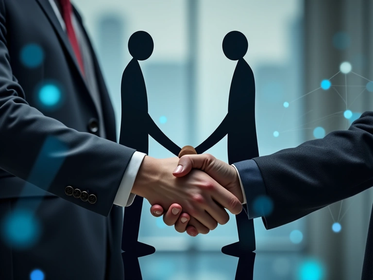 Two people shaking hands over a blurred background of data points, symbolizing data sharing and partnerships